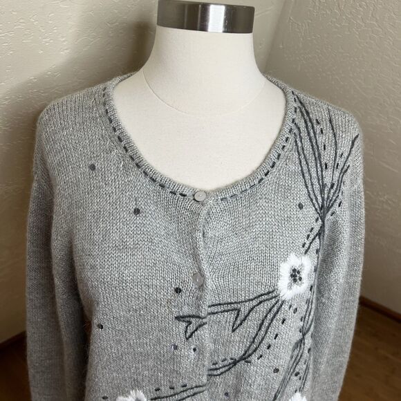 Vintage Cardigan Womens Large Gray Ramie Mohair Floral Embroidered Button Down - Picture 2 of 9